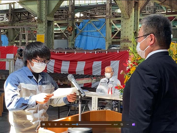 Masaya giving a Speech @ Oita - Kyokuyo Shipyard