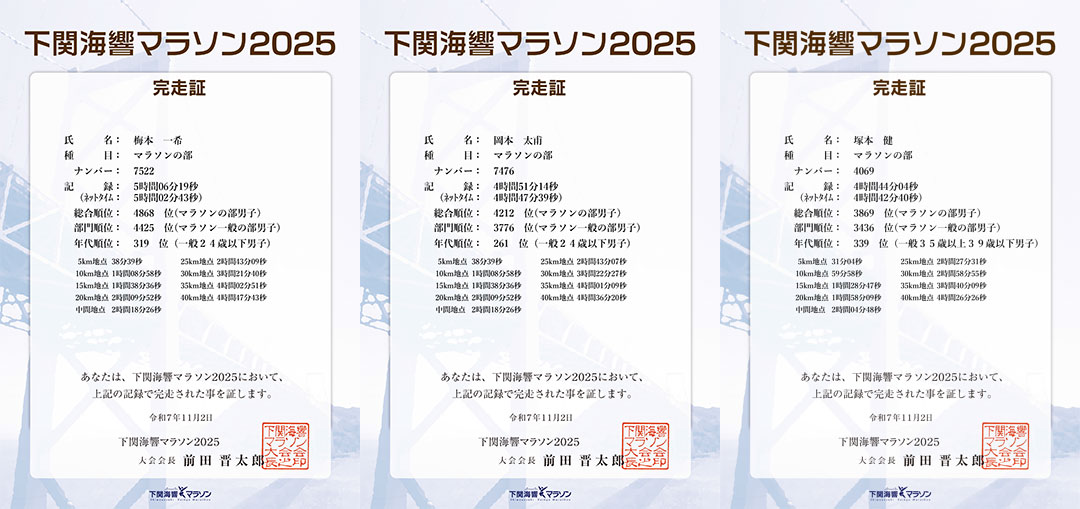 旭洋 マラソン BLUESTARS 完走証 x 3